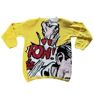 Adrienne Vittadini Pop Art Comic Knit Sweater Yellow Graphic NWT Medium